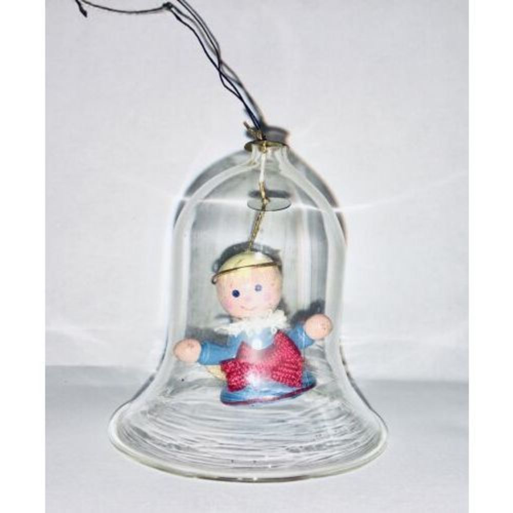 Vintage Wood Angel Glass Bell Christmas Ornament 3 Inches